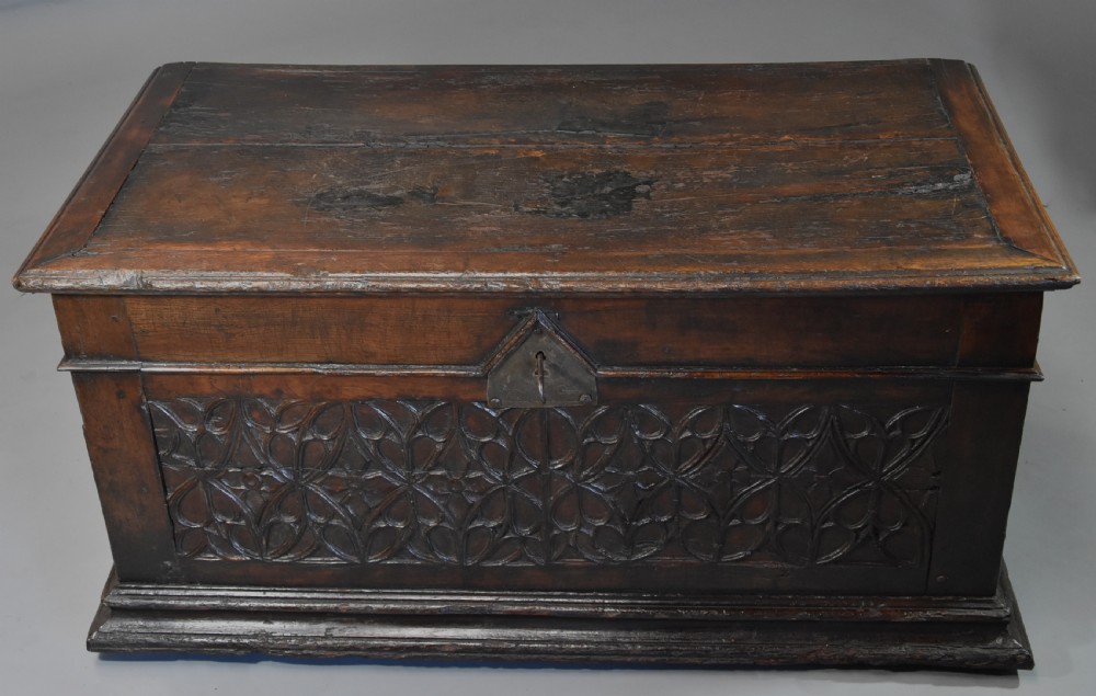 Extremely rare French early 16th century fruitwood (cherry) coffer of superb patina View X