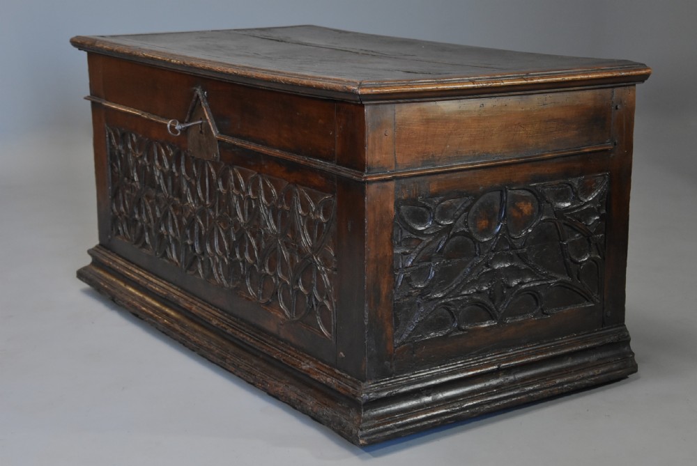 Extremely rare French early 16th century fruitwood (cherry) coffer of superb patina View XII