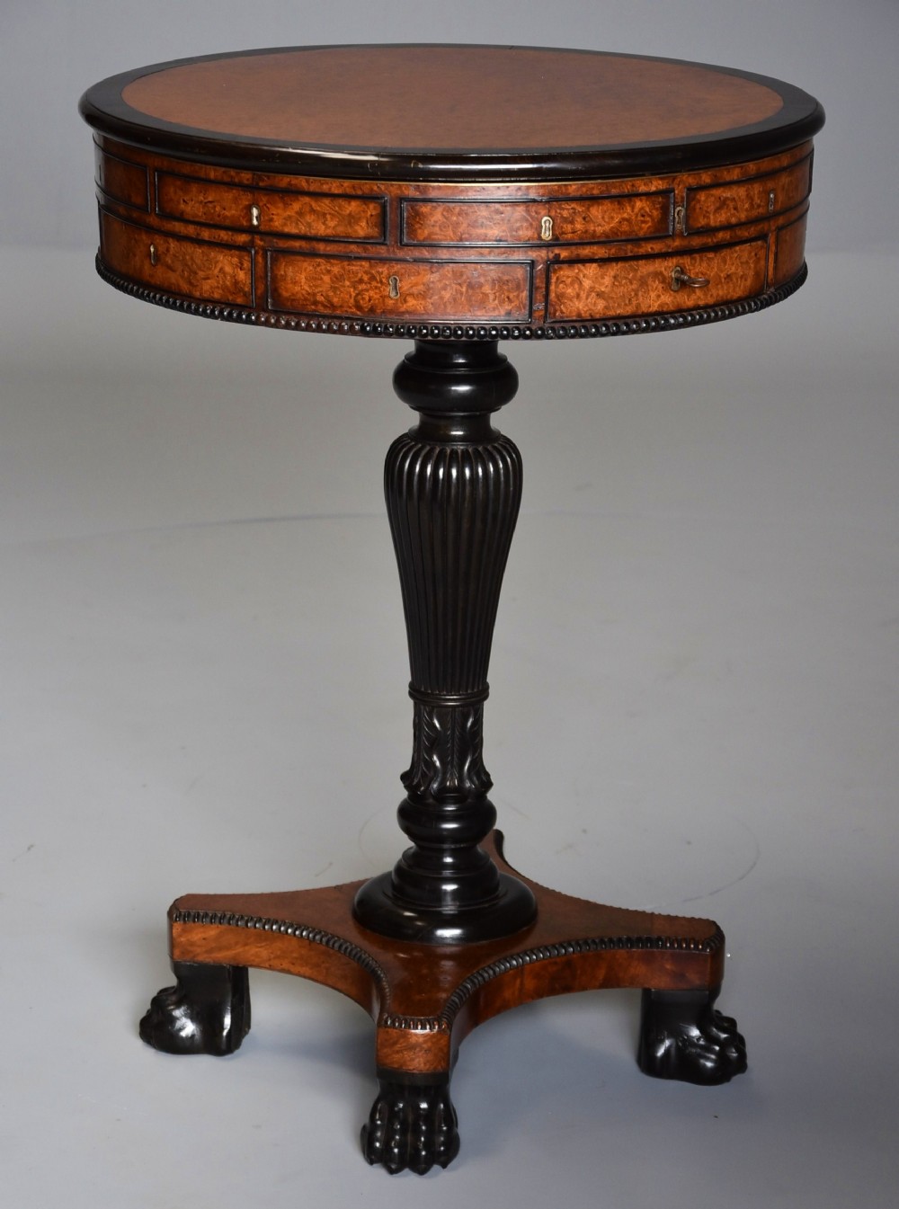 Exceptionally rare early 19thc Anglo Chinese amboyna & macassar ebony work table drum table