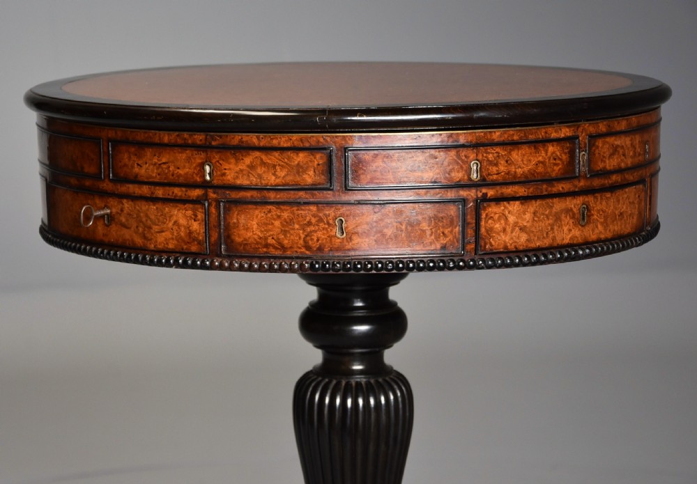 Exceptionally rare early 19thc Anglo Chinese amboyna & macassar ebony work table drum table View IV