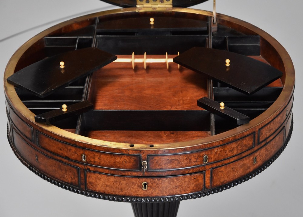 Exceptionally rare early 19thc Anglo Chinese amboyna & macassar ebony work table drum table View VII