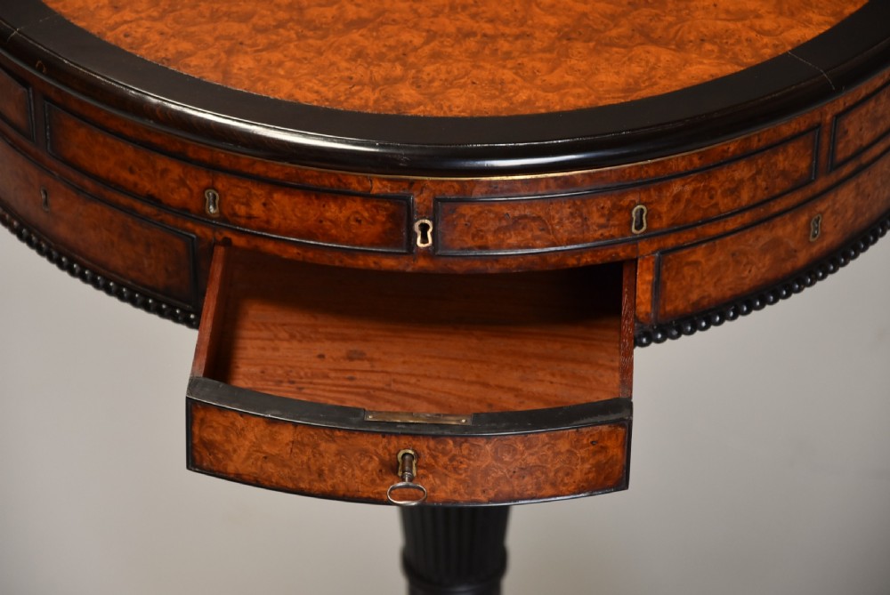 Exceptionally rare early 19thc Anglo Chinese amboyna & macassar ebony work table drum table View IX