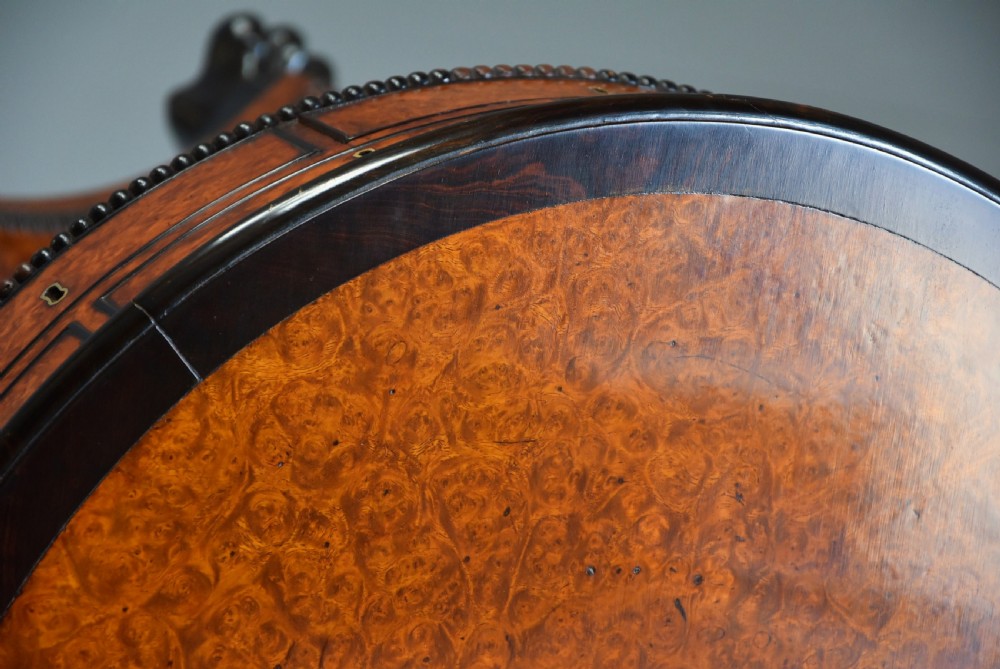 Exceptionally rare early 19thc Anglo Chinese amboyna & macassar ebony work table drum table View X
