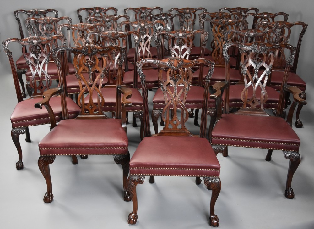 Superb quality large set of twenty one late 19thc Chippendale style mahogany dining chairs of excellent patina
