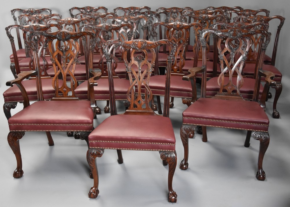 Superb quality large set of twenty one late 19thc Chippendale style mahogany dining chairs of excellent patina View II
