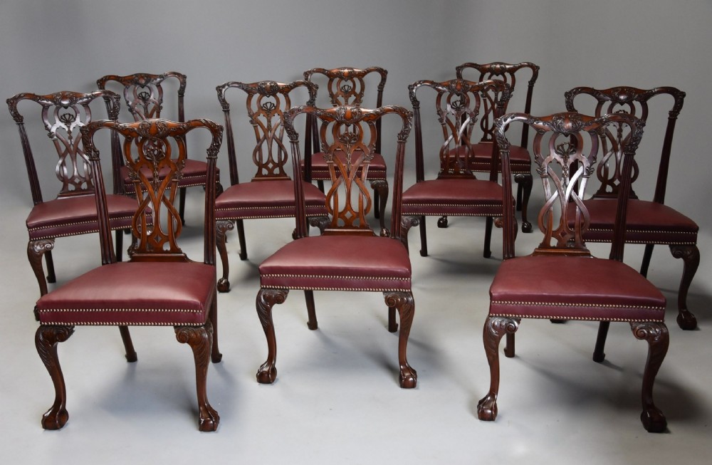 Superb quality large set of twenty one late 19thc Chippendale style mahogany dining chairs of excellent patina View IV