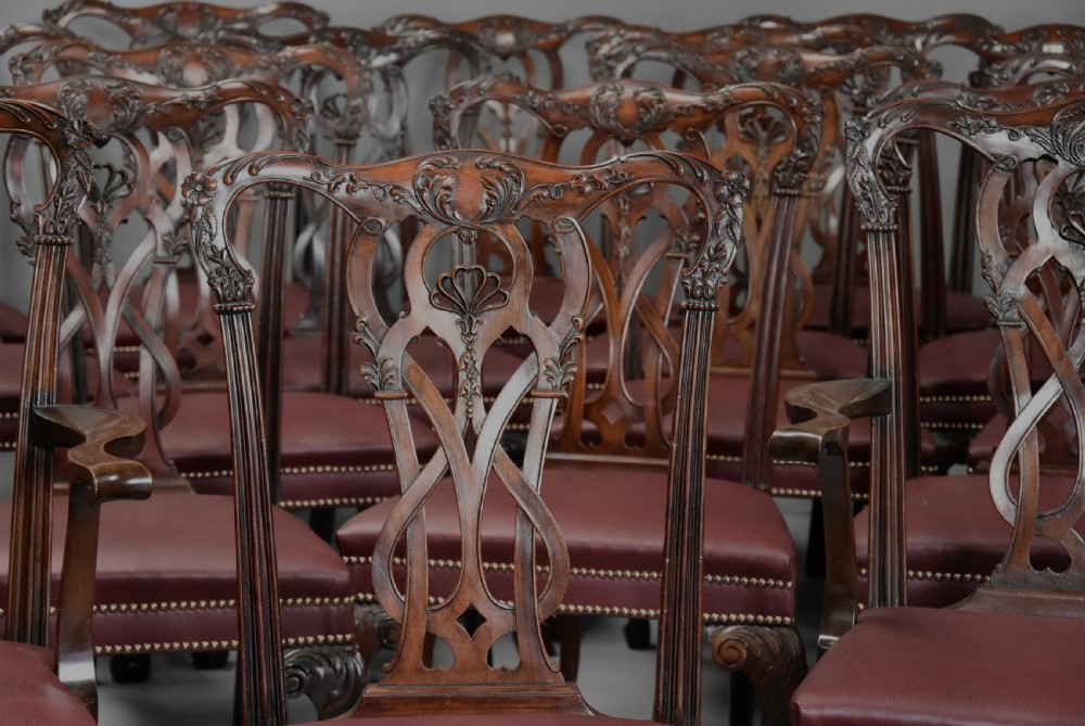 Superb quality large set of twenty one late 19thc Chippendale style mahogany dining chairs of excellent patina View XI