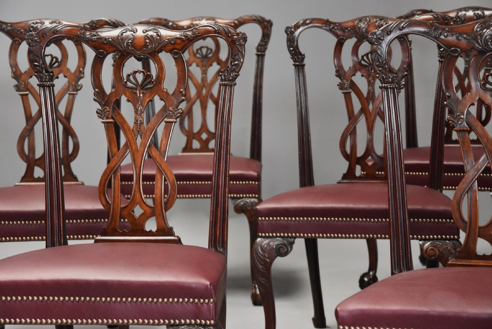 Superb quality large set of twenty one late 19thc Chippendale style mahogany dining chairs of excellent patina View XII