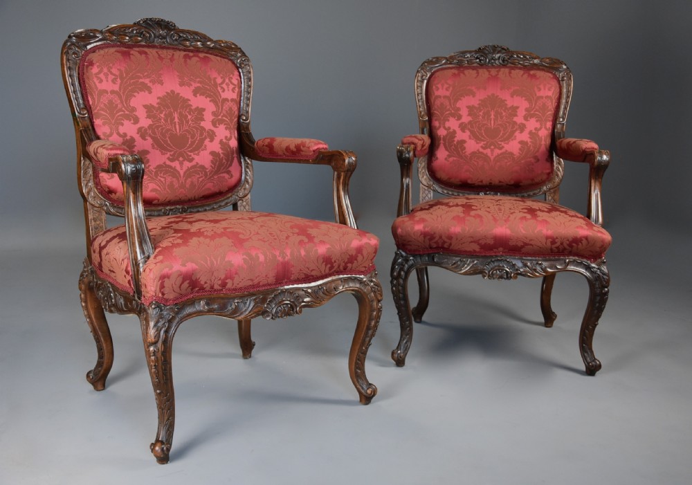 Pair of fine quality French 19th century walnut fauteuils or open armchairs