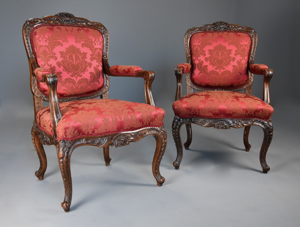 Pair of fine quality French 19th century walnut fauteuils or open armchairs View II