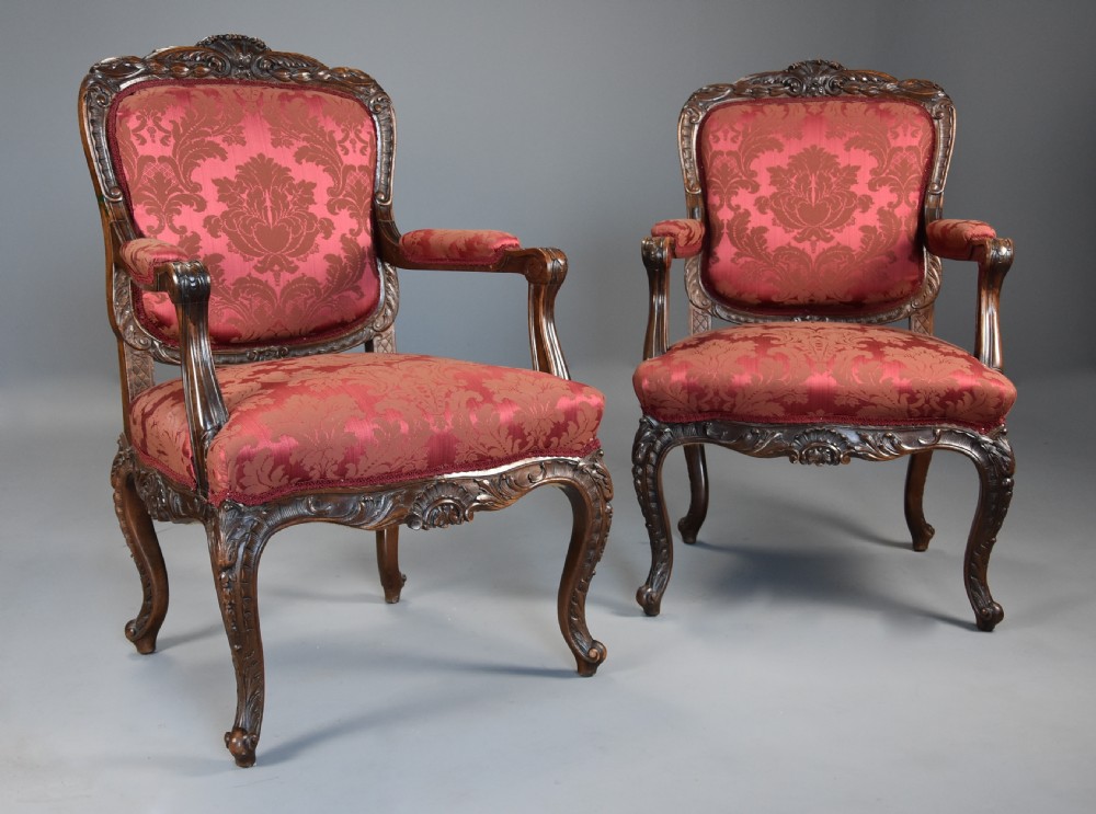 Pair of fine quality French 19th century walnut fauteuils or open armchairs View III