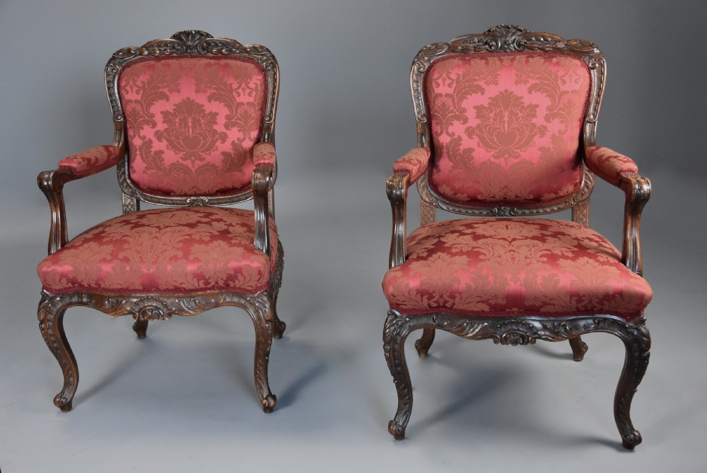 Pair of fine quality French 19th century walnut fauteuils or open armchairs View V