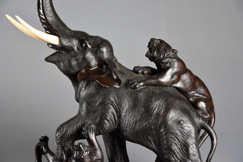 Fine quality late 19th century Meiji period Japanese bronze elephant and tiger group View II
