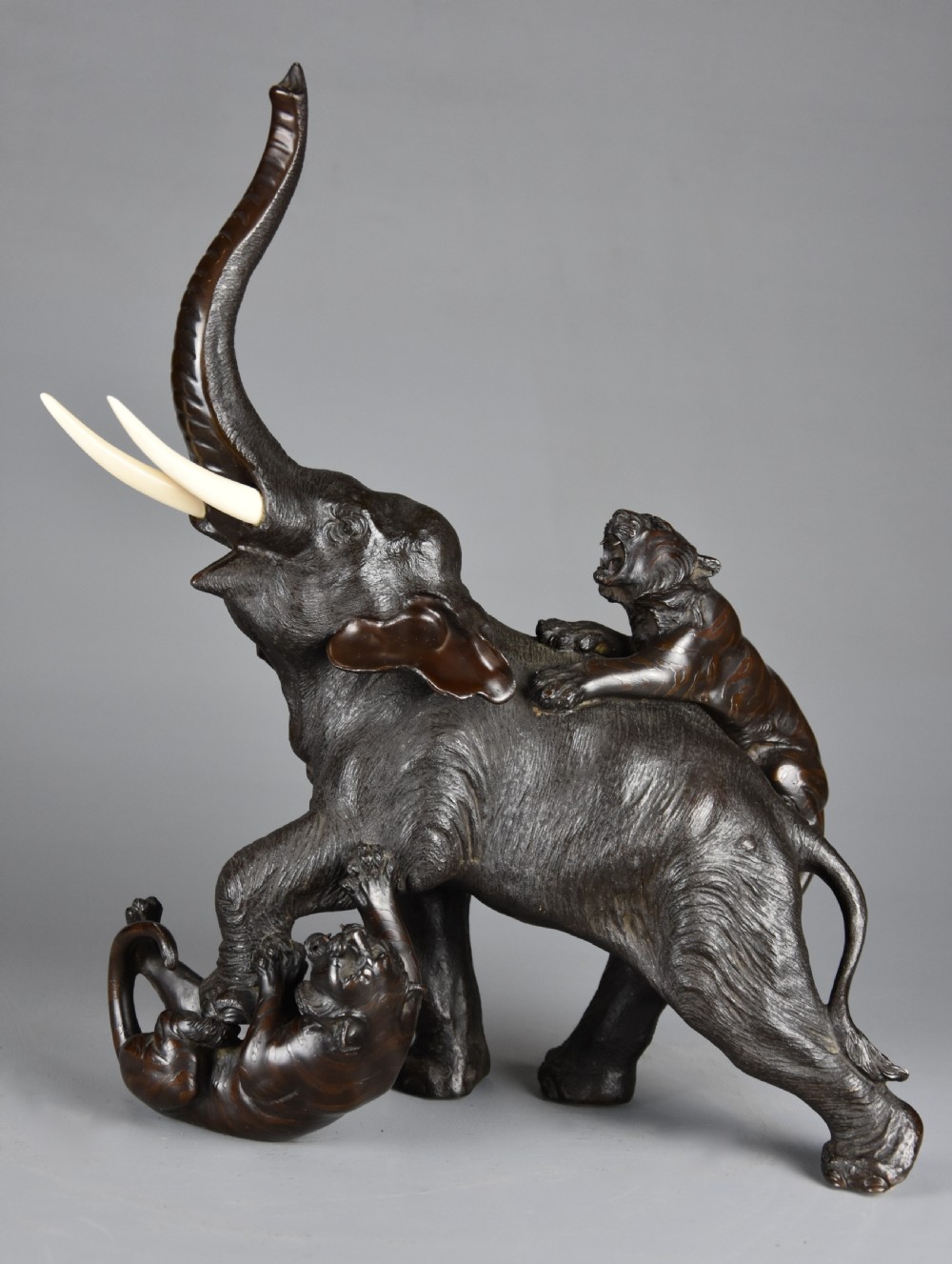 Fine quality late 19th century Meiji period Japanese bronze elephant and tiger group View III