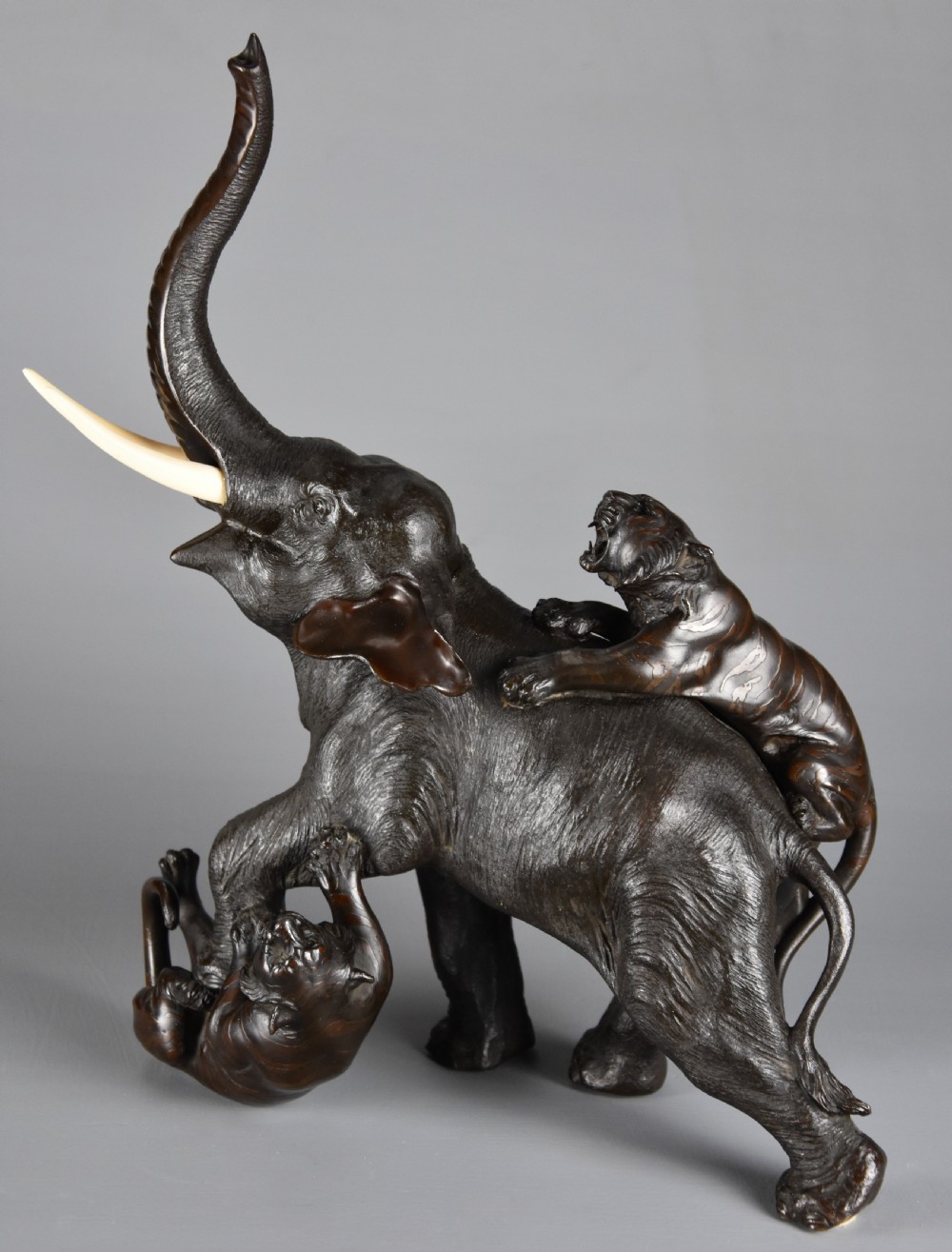 Fine quality late 19th century Meiji period Japanese bronze elephant and tiger group View IV