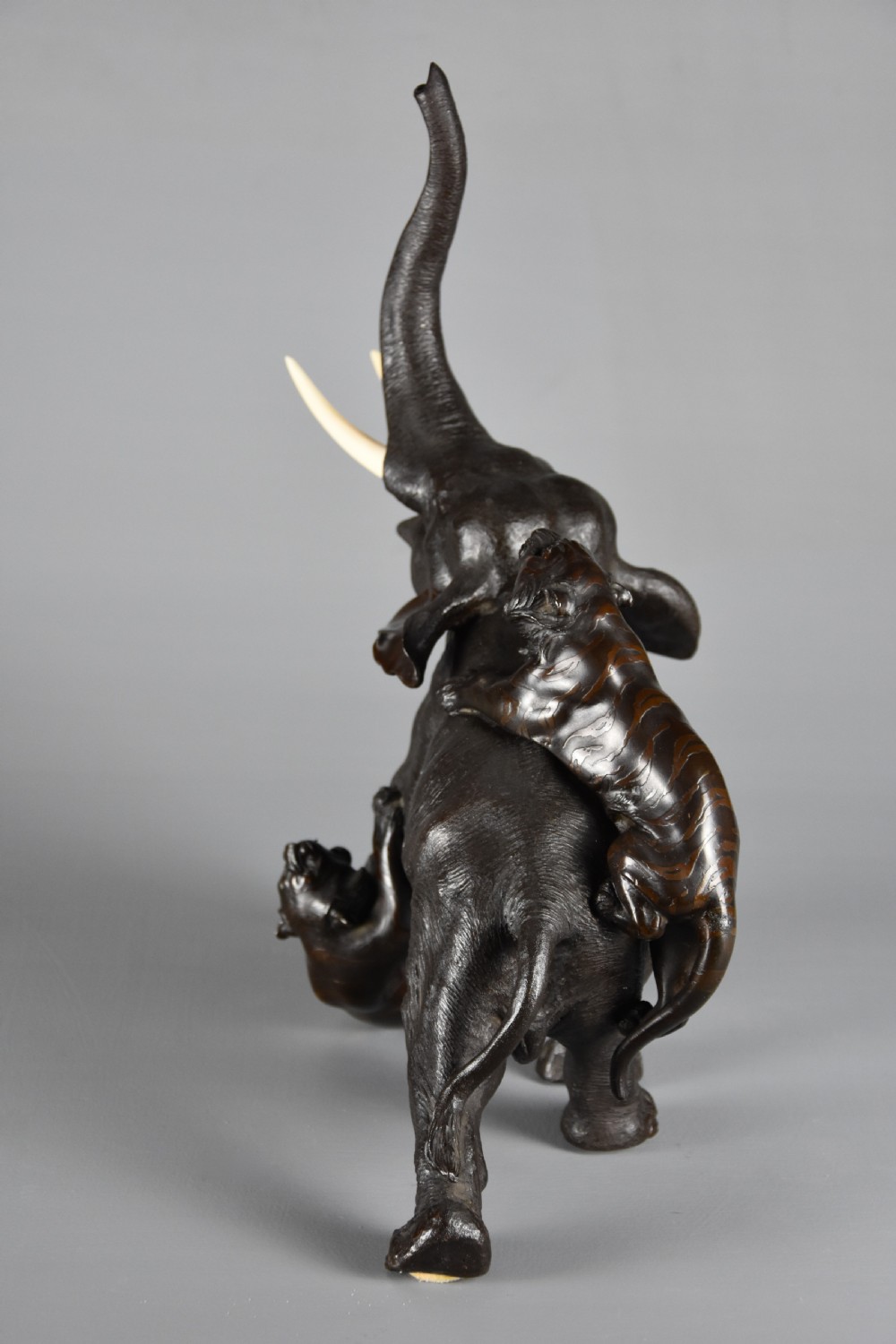 Fine quality late 19th century Meiji period Japanese bronze elephant and tiger group View V