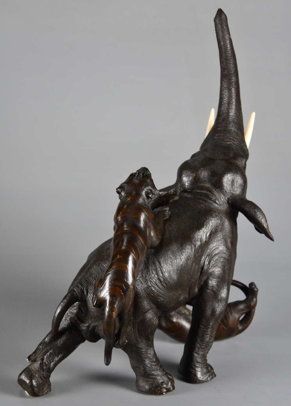 Fine quality late 19th century Meiji period Japanese bronze elephant and tiger group View VI
