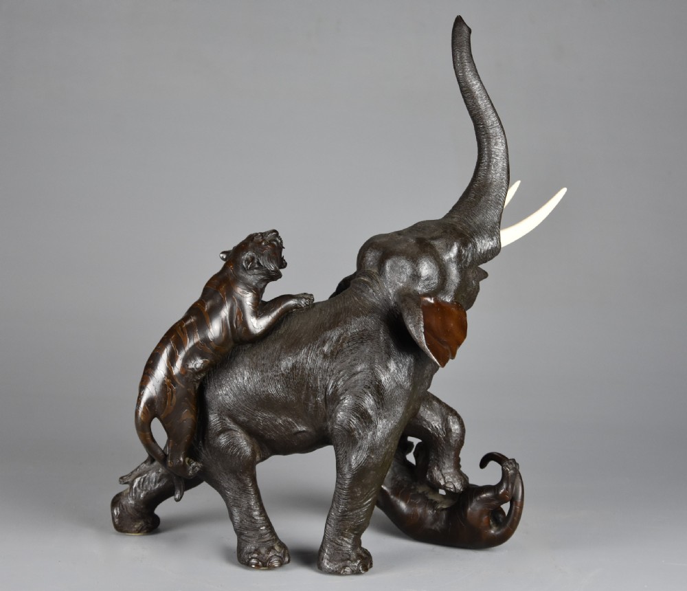 Fine quality late 19th century Meiji period Japanese bronze elephant and tiger group View X