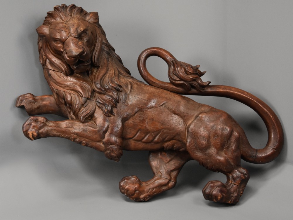 Superb large late 19th century highly decorative carved oak rampant lion View II