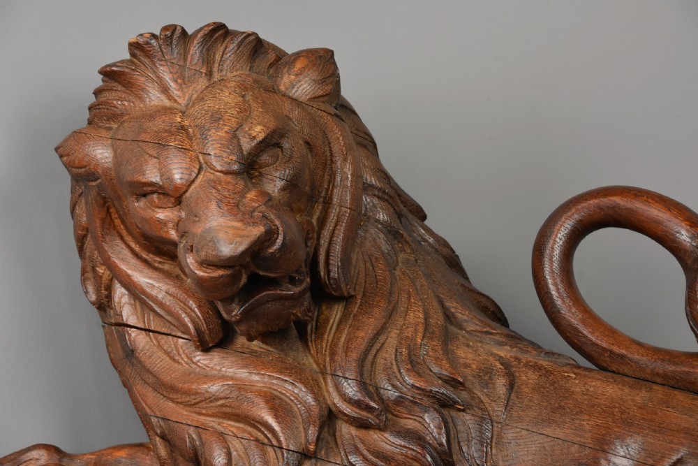 Superb large late 19th century highly decorative carved oak rampant lion View III