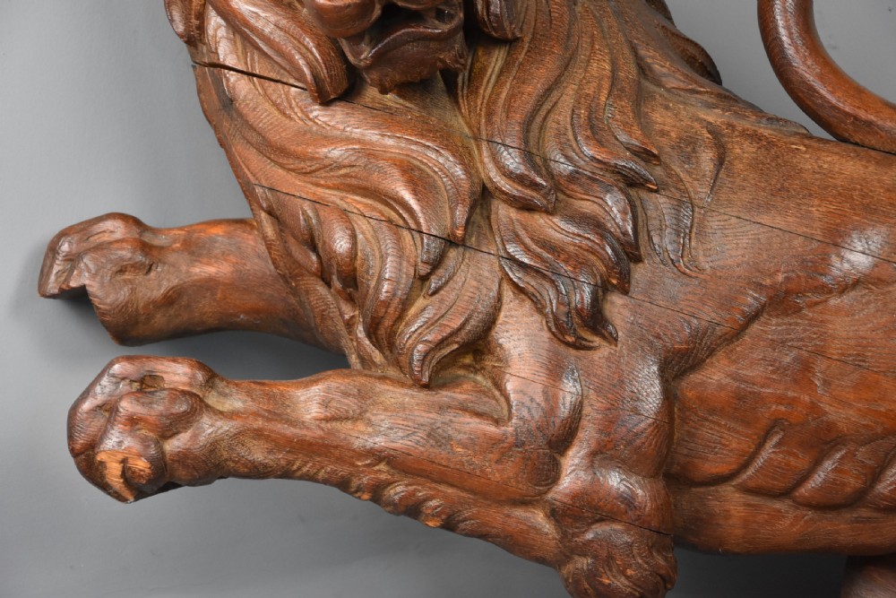 Superb large late 19th century highly decorative carved oak rampant lion View VII