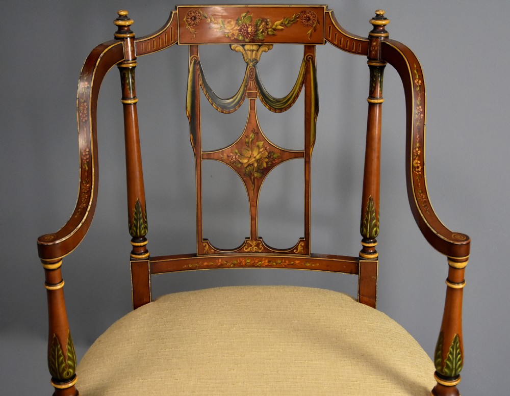 Fine quality early 20th century Sheraton revival satinwood & painted open armchair View II