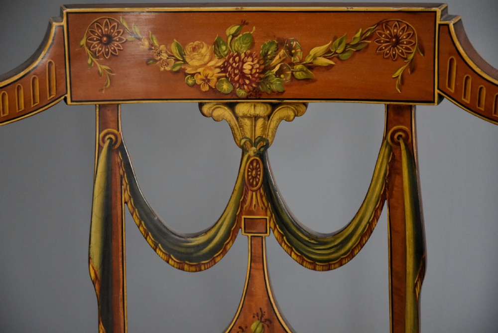 Fine quality early 20th century Sheraton revival satinwood & painted open armchair View V