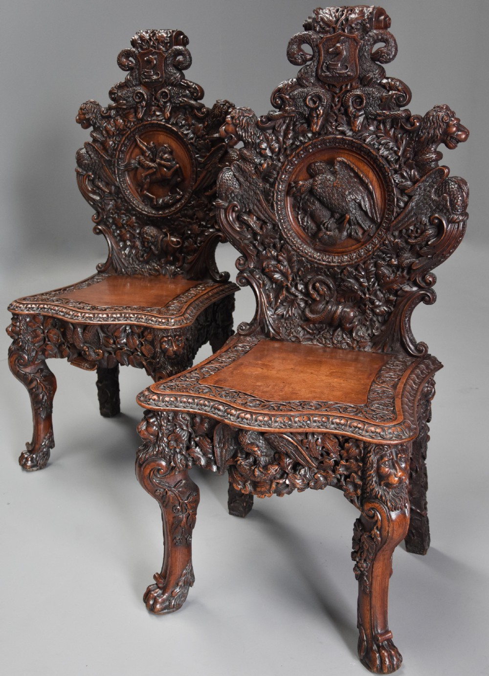 Superb pair of mid 19thc Exhibition quality carved oak chairs of large proportion View III