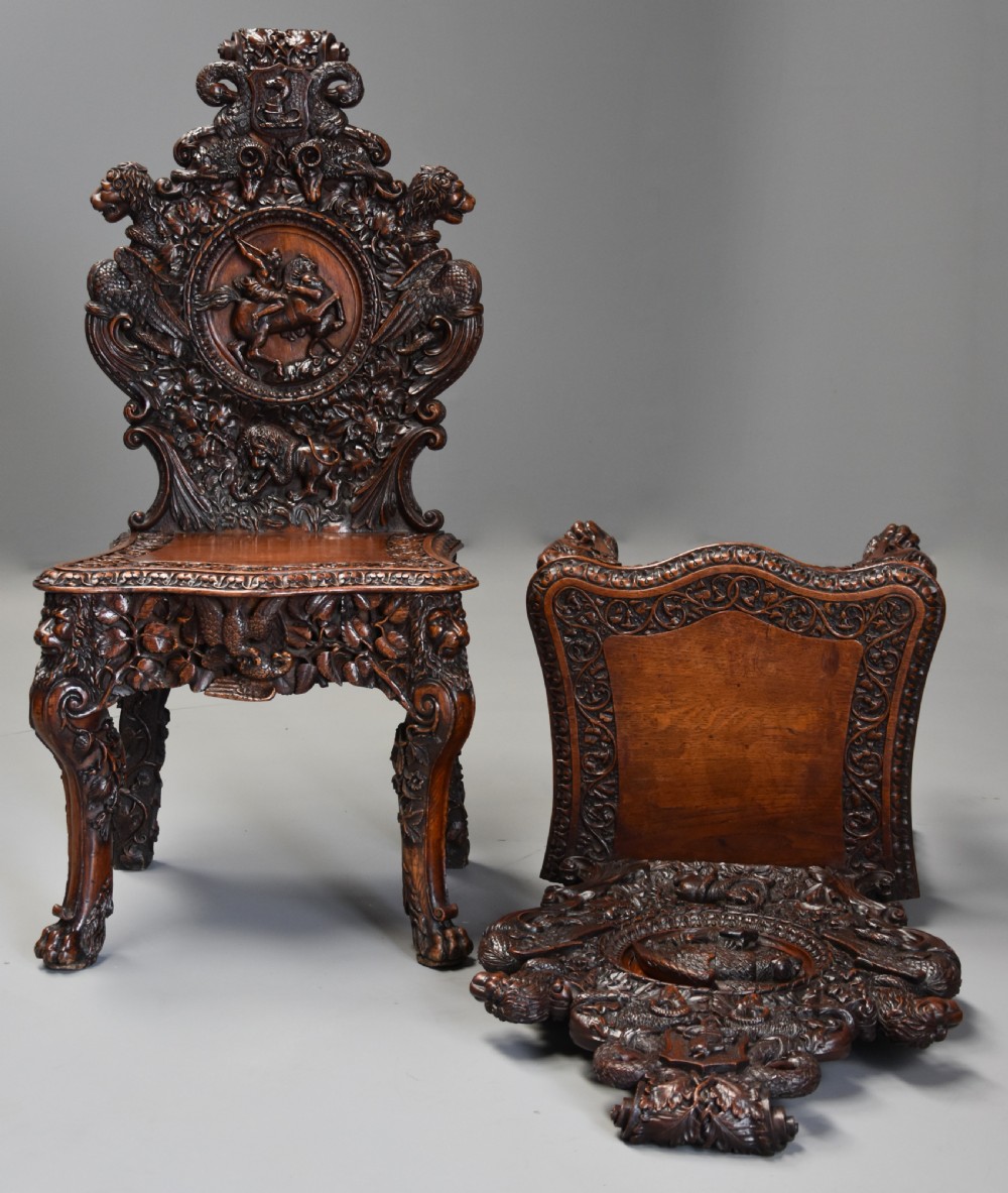 Superb pair of mid 19thc Exhibition quality carved oak chairs of large proportion View IV