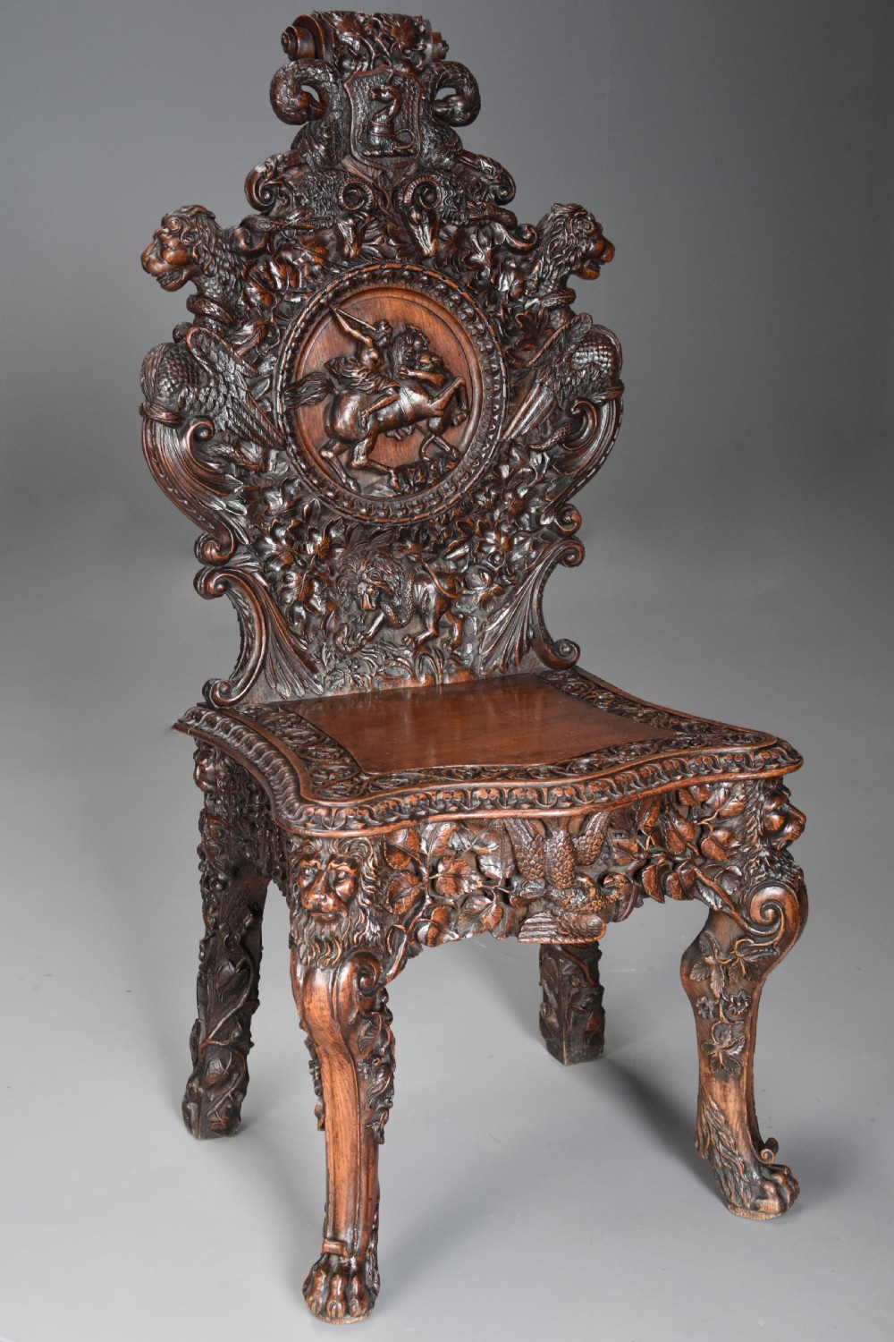 Superb pair of mid 19thc Exhibition quality carved oak chairs of large proportion View V