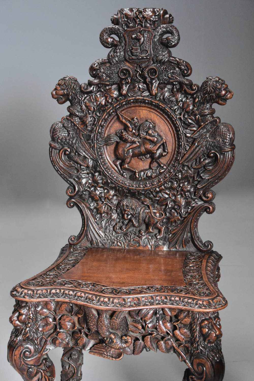Superb pair of mid 19thc Exhibition quality carved oak chairs of large proportion View VI