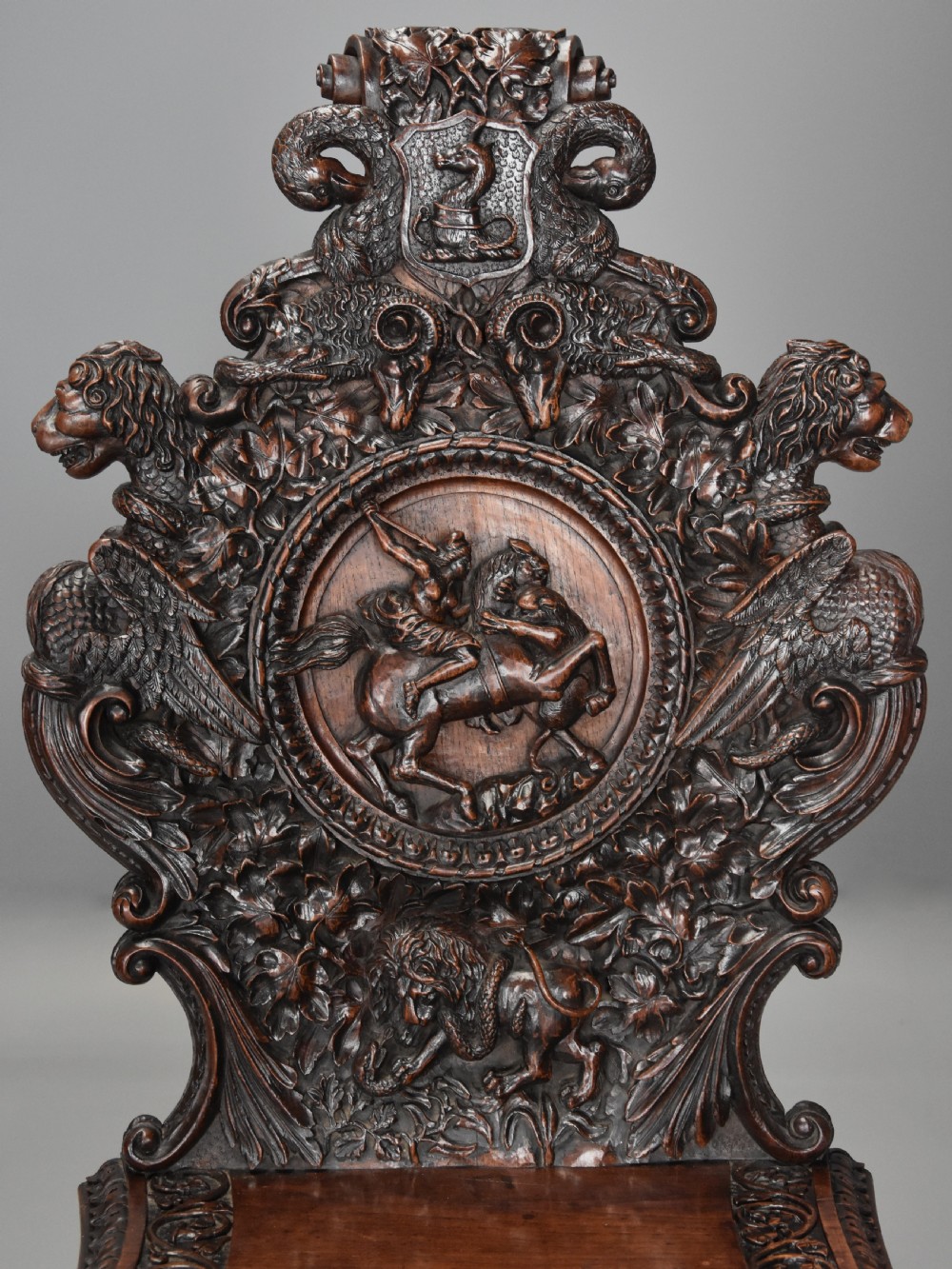 Superb pair of mid 19thc Exhibition quality carved oak chairs of large proportion View VII