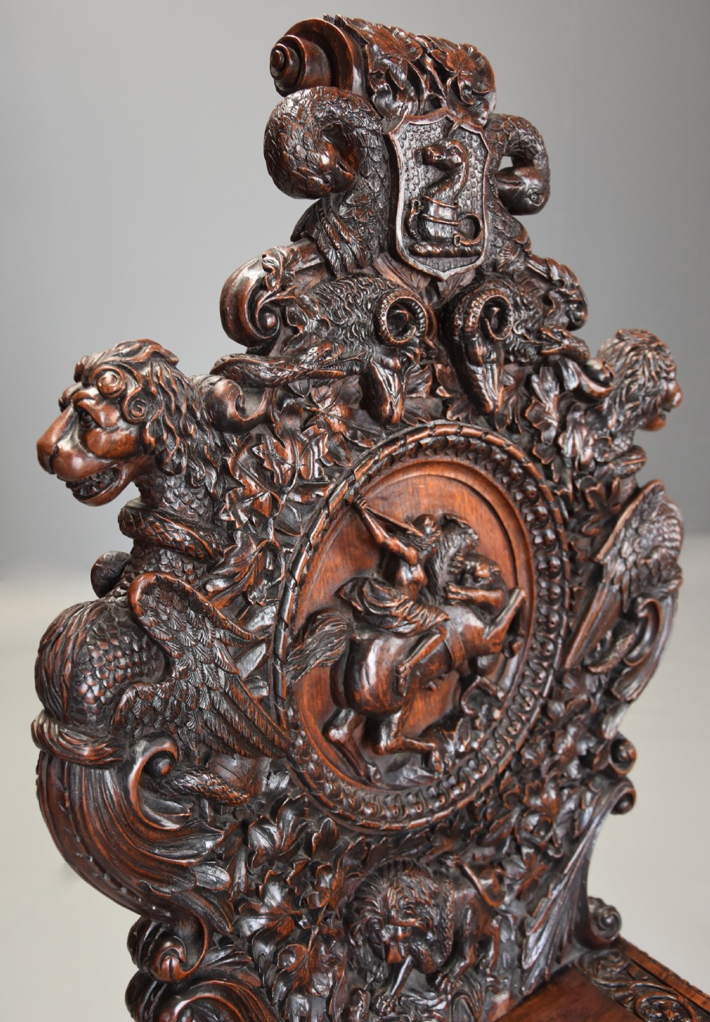 Superb pair of mid 19thc Exhibition quality carved oak chairs of large proportion View VIII