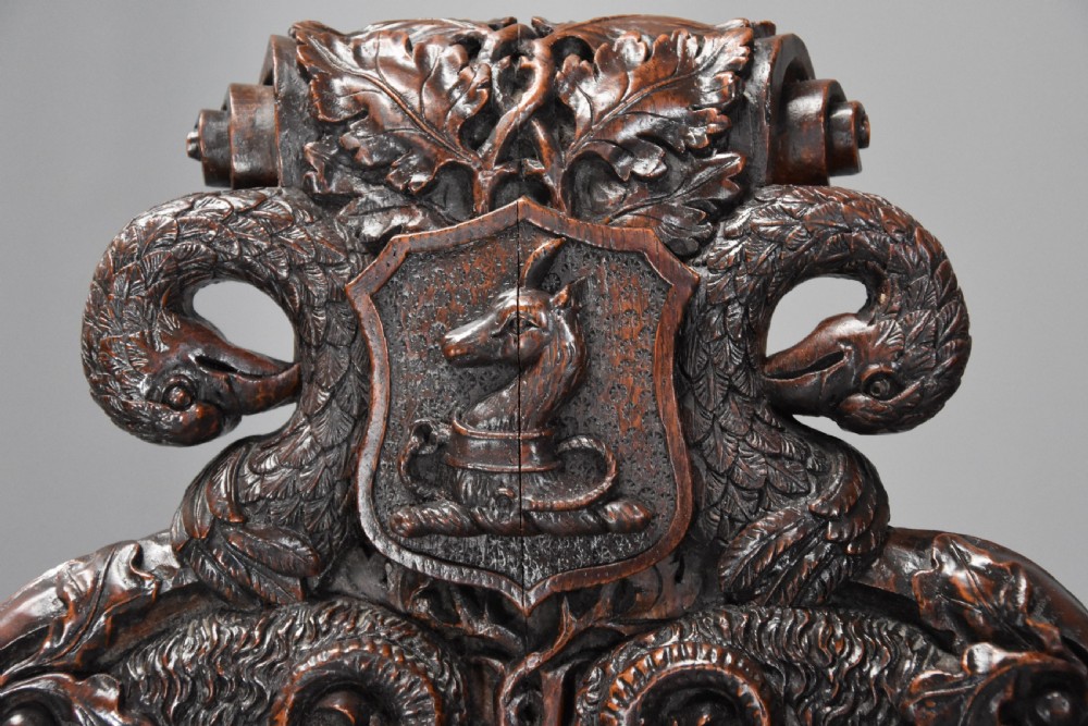 Superb pair of mid 19thc Exhibition quality carved oak chairs of large proportion View IX