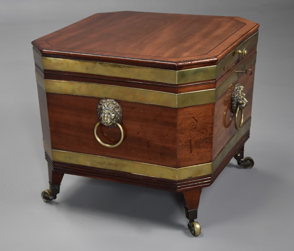 Early 19th century Regency mahogany brass bound cellarette or wine cooler of excellent patina  View II