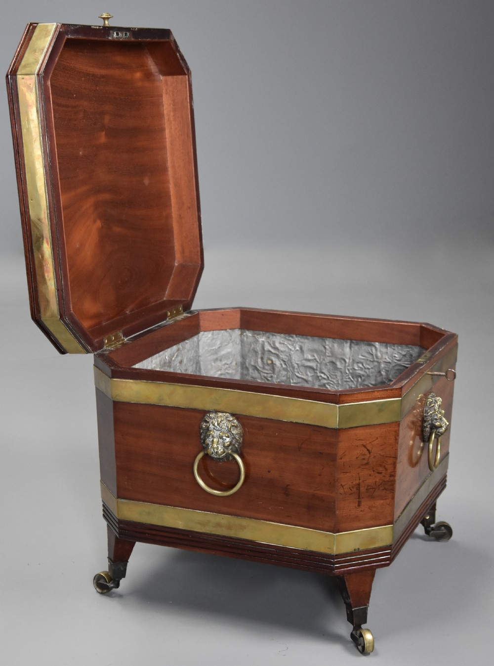 Early 19th century Regency mahogany brass bound cellarette or wine cooler of excellent patina  View VII