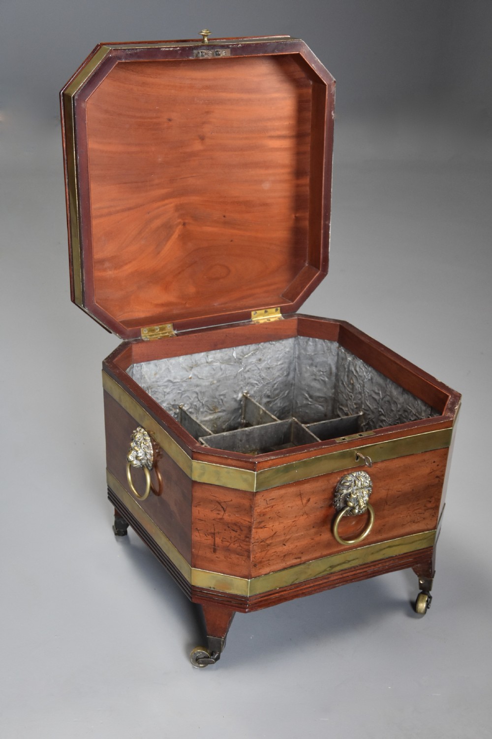 Early 19th century Regency mahogany brass bound cellarette or wine cooler of excellent patina  View VIII