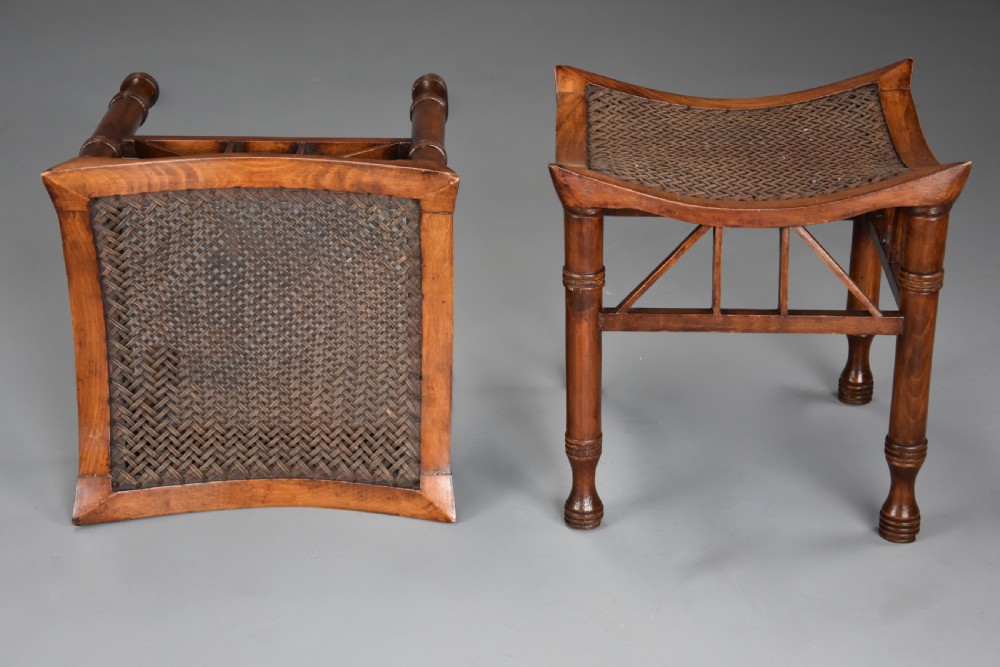 Pair of early 20th century walnut Thebes stools, designed by Liberty & Co. View V