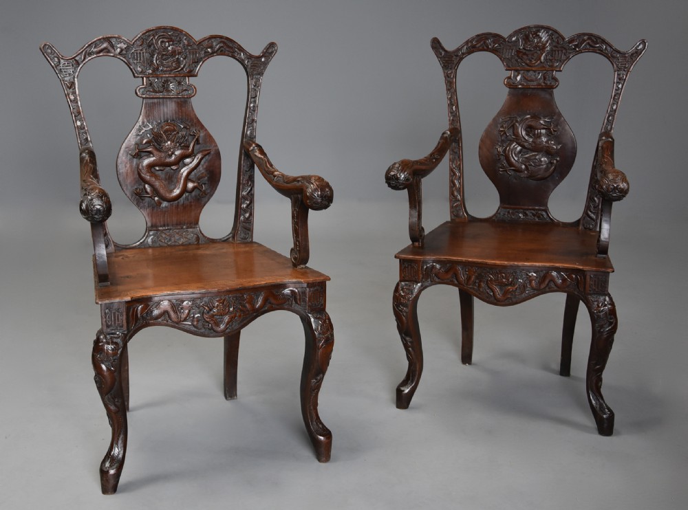 Pair of highly decorative 19thc walnut open armchairs of Chinese influence in the 18thc style View II