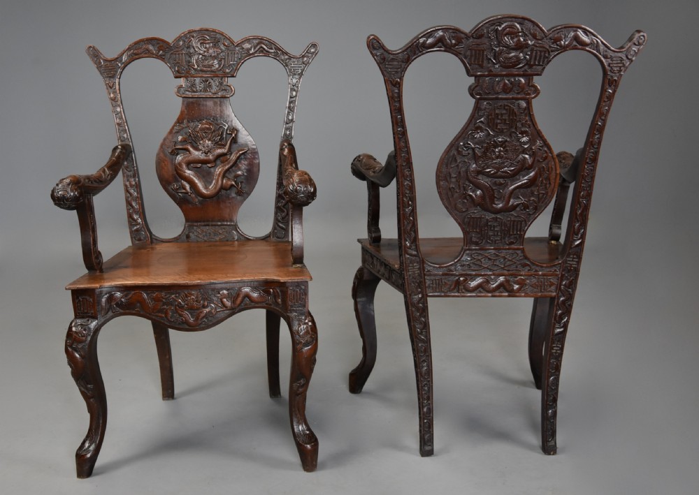 Pair of highly decorative 19thc walnut open armchairs of Chinese influence in the 18thc style View VII
