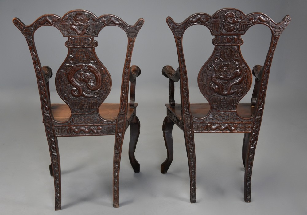 Pair of highly decorative 19thc walnut open armchairs of Chinese influence in the 18thc style View VIII