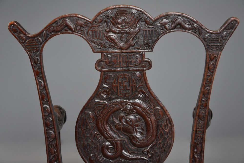 Pair of highly decorative 19thc walnut open armchairs of Chinese influence in the 18thc style View X