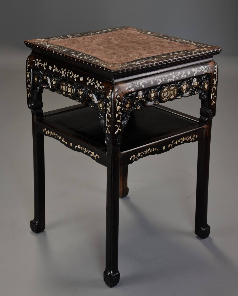 Highly decorative late 19thc Chinese hardwood & mother of pearl square pot stand