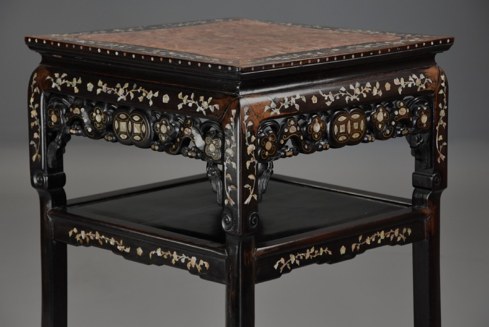 Highly decorative late 19thc Chinese hardwood & mother of pearl square pot stand View IV