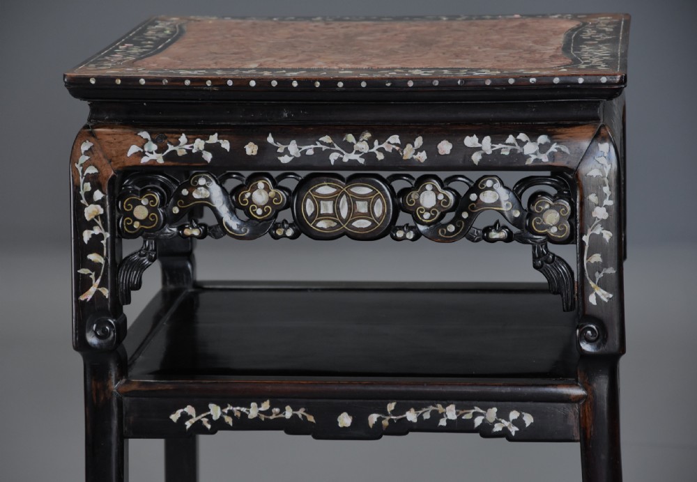Highly decorative late 19thc Chinese hardwood & mother of pearl square pot stand View VI