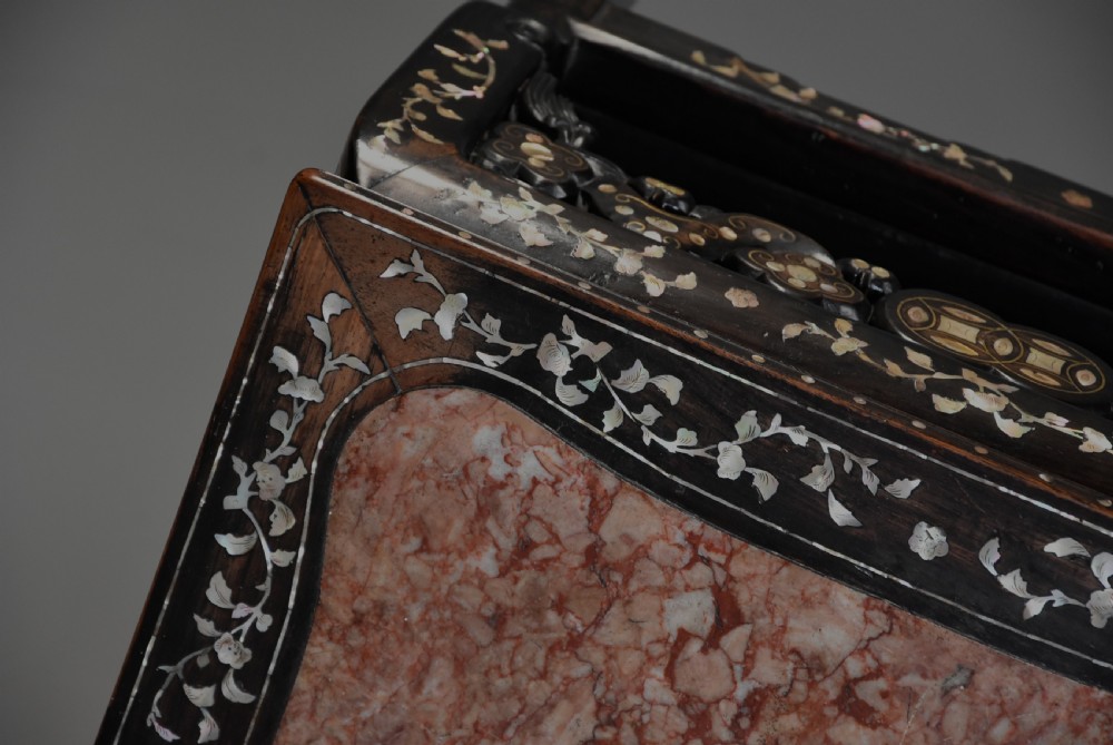 Highly decorative late 19thc Chinese hardwood & mother of pearl square pot stand View VIII