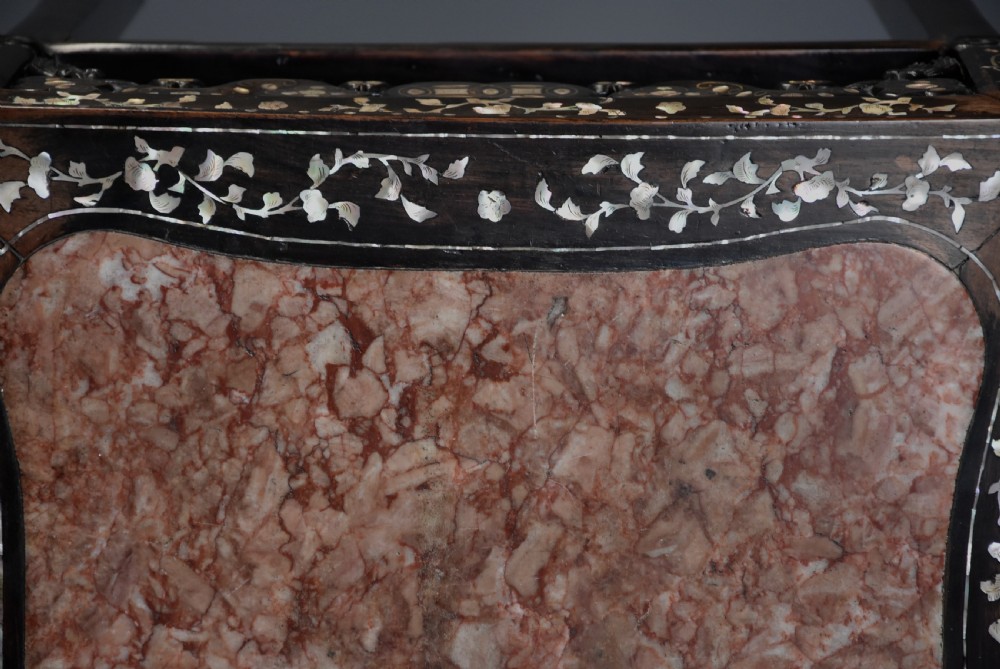 Highly decorative late 19thc Chinese hardwood & mother of pearl square pot stand View IX