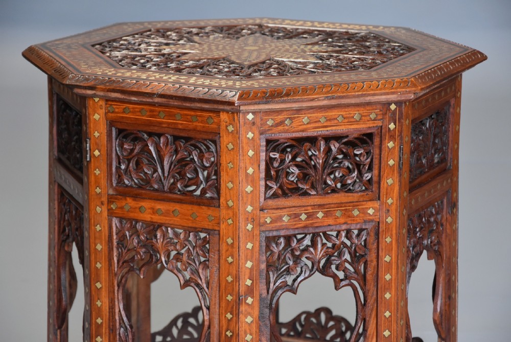 Superb quality highly decorative 19thc Anglo Indian carved & inlaid hardwood octagonal table View V