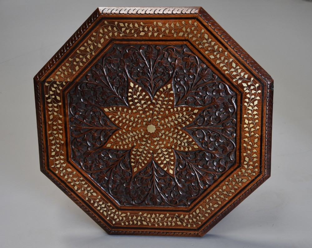 Superb quality highly decorative 19thc Anglo Indian carved & inlaid hardwood octagonal table View VIII