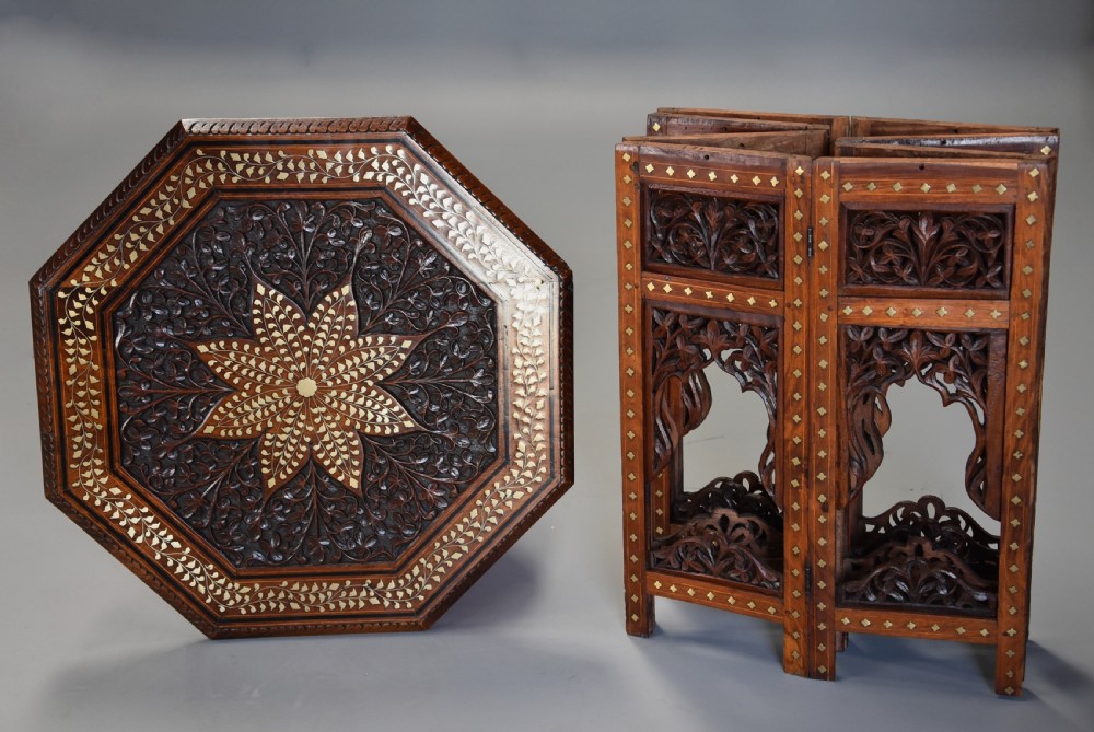 Superb quality highly decorative 19thc Anglo Indian carved & inlaid hardwood octagonal table View X
